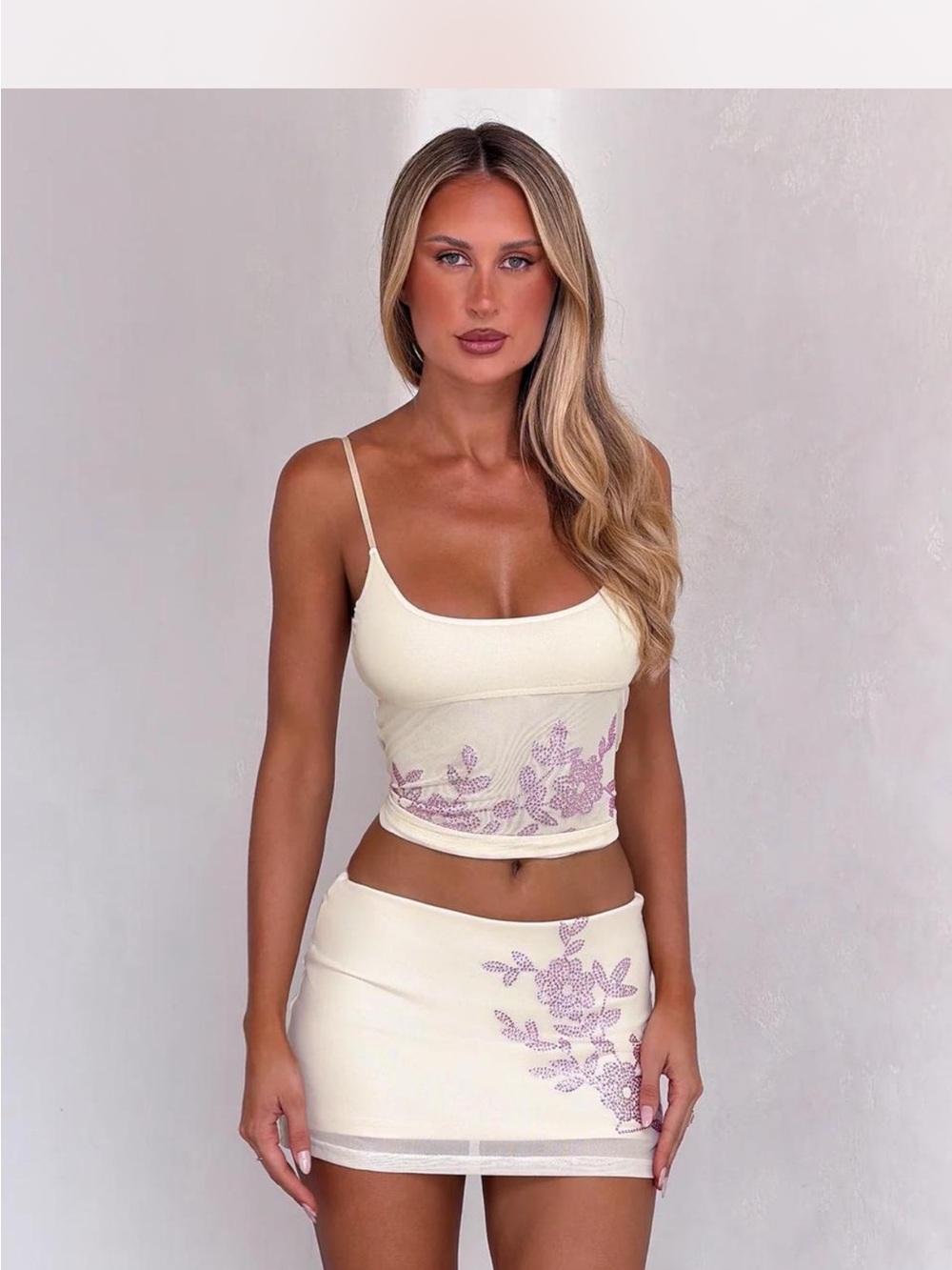 Tiger Mist Cream Spaghetti Strap Crop Top with Lilac Floral Embroidery